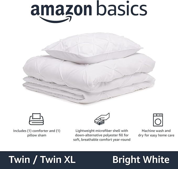 Amazon Basics Soft, Lightweight Twin Size Comforter Sets, All-Season Down-Alternative 2-Piece Bedding Set, Pinch Pleat Design, Twin/TwinXL Size, Bright White