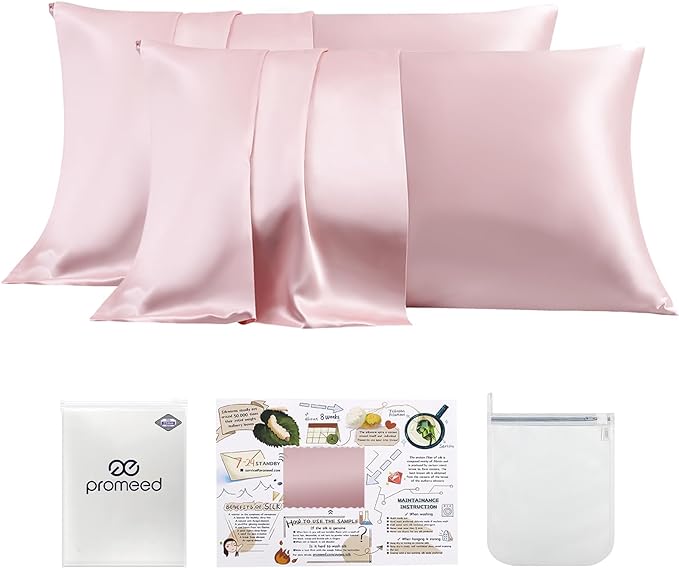PROMEED 23 Momme Silk Pillowcase 2 Pack with Zipper, 3rd Gen Grade 6A+ 100% Mulberry Silk Pillow Case Set of 2, Cooling Pillow Cases for Hot Sleepers (Standard 20"x26", Pink)