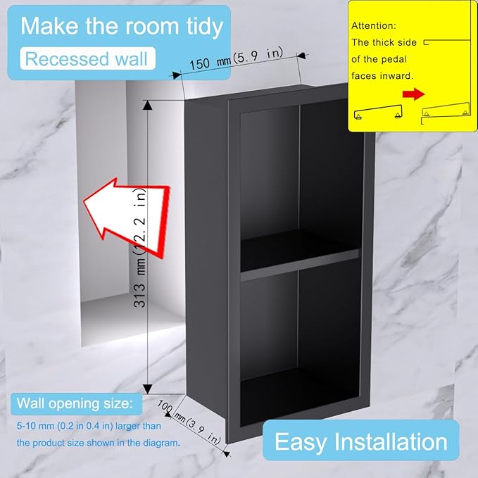 Shower Foot Rest for for Shaving Legs,Double Bathroom Selves Niche Insert for Footrest,Foot Holder Bathroomr,Stainless Steel 304，Matte Black,12.2 in x 4.8 in x 3.9 in