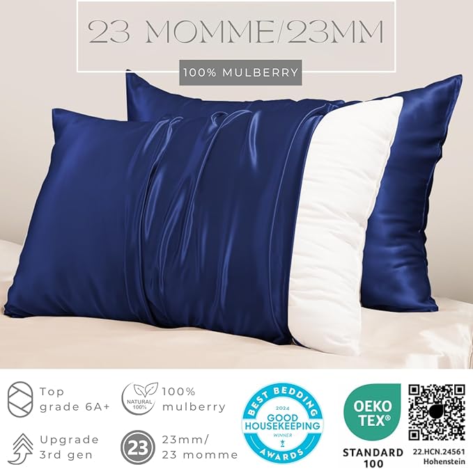 PROMEED 100% Mulberry Silk Pillowcase for Hair and Skin - Allergen Resistant Both Sides 23 Momme 1400 TC Silk Bed Pillow Cases with Hidden Zipper, 1PC (Queen 20"x30", Navy)