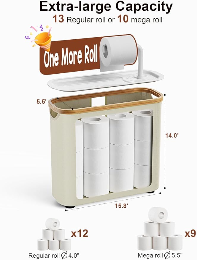 Toilet Paper Storage Basket Holder Holds 9-12 +1 Rolls Elegant Multi-Functional Bathroom Toilet Paper Holder Stand Storage Organizer Waterproof with Tray Hold Phone Wet Wipes Beige