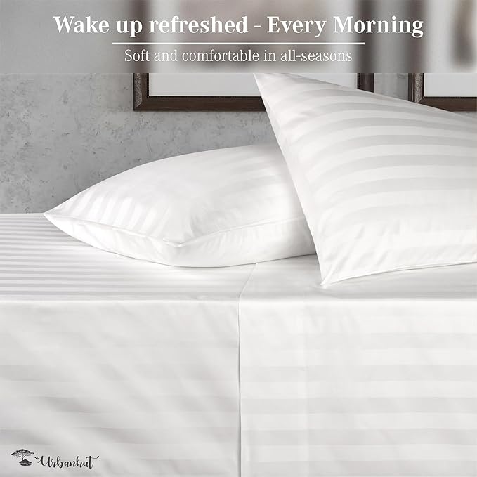 URBANHUT 1000 Thread Count Egyptian Cotton Sheets Damask Striped Queen Size, Long Staple Soft & Breathable, 4 Pc Bed Sheet Sets, Luxury Hotel Sateen Sheets Fits 16" Deep Pocket - White