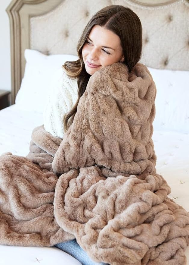 Minky Couture Hugs Blanket - Extra Plush Blanket for Premium Gifting - Stretchy Bubbled Cozy Throw - Silky Smooth - Durable & Machine-Washable - Travel-Friendly - Adult, Milk Chocolate