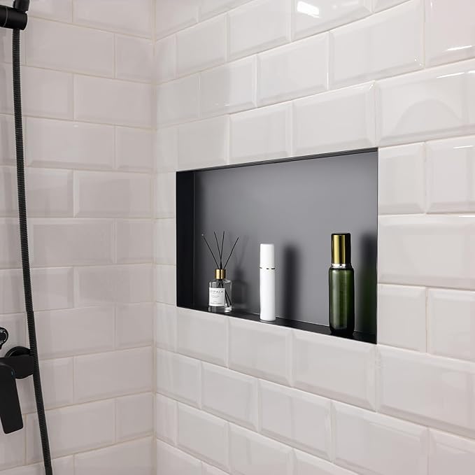 VEVOR Shower Niche, 13 x 25 x 4 inch Frameless Recessed Wall Niche, Heavy-Duty Stainless Steel Modern Shampoo Storage Organizer, Sealed Waterproof, Durable & Easy to Install, Black for Bathroom
