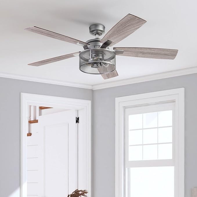 Honeywell Ceiling Fans Carnegie, 52 Inch Industrial Style Indoor LED Ceiling Fan with Light, Remote Control, Dual Mounting Options, 5 Dual Finish Blades, Reversible Airflow - 51460-01 (Silver)