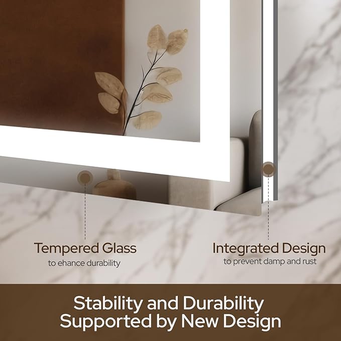 28 x 36 LED Bathroom Mirror with Lights, Lighted Bathroom Vanity Mirror for Wall, Espejos para Baños, Frontlit & Backlit, Anti-Fog, Shatterproof, 3 Adjustable Color Temperatures & Memory Function