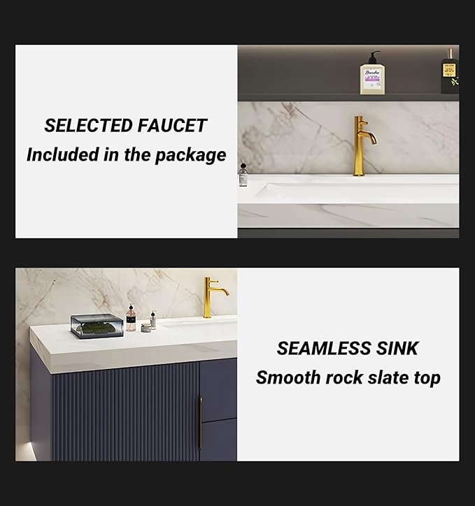 Bathroom Vanity with Single Sink, Modern Bathroom Vanities Compo Includes LED Smart Defogging Mirror Cabinet and Open Shelf, Solid Wood Bathroom Sink Vanity with Slate Countertop (Dark Grey,40")