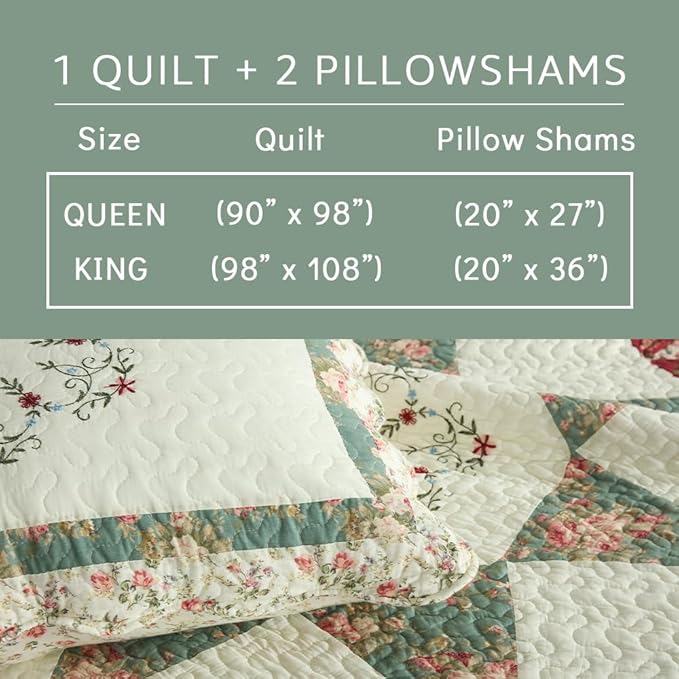 Cotton Bedspread Quilt Bedding Sets, 3 Pieces Reversible Coverlets Comforters Star with Green Floral Real Patchwork Bedspread, Queen Size