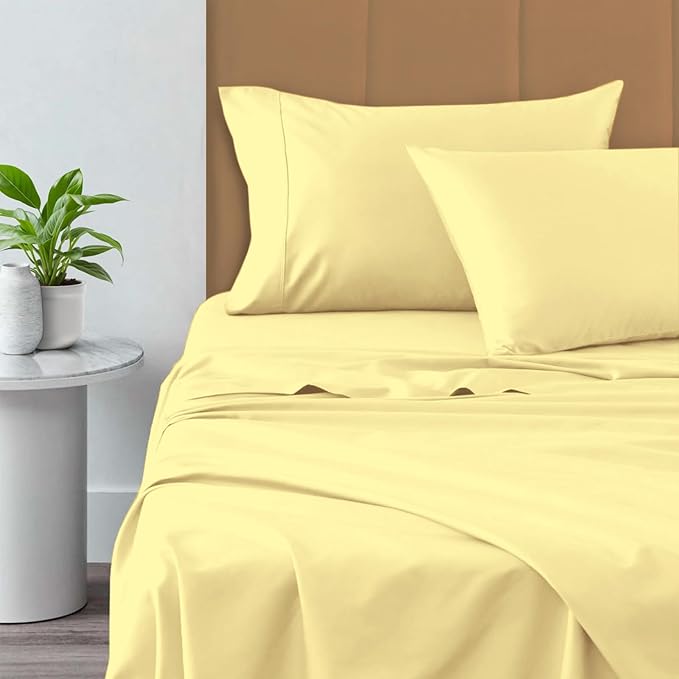 Pizuna Pure 100% Cotton Sheets King Size, 800 Thread Count Long Staple Cotton Crisp Sateen Sheets King with 15inch Deep Pocket (Combed Mellow Yellow Cotton Sheets King)