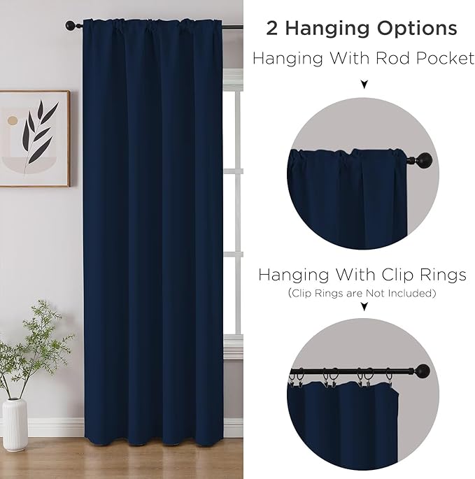 CUCRAF Navy Blue Blackout Curtains 90 inch Length 2 Panels Set, Rod Pocket Room Darkening Drapes for Bedroom Living Room, Insulated Thermal Light Blocking Window Curtain (W52 x L90 Inch)