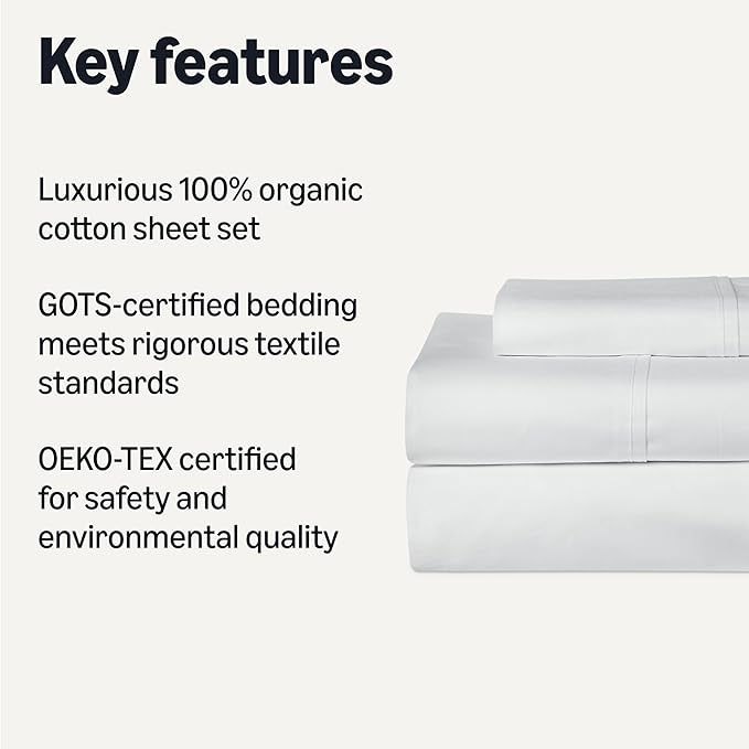 Amazon Basics Soft Organic Cotton Sheet Set with 1-Piece Pillowcase, White, Twin