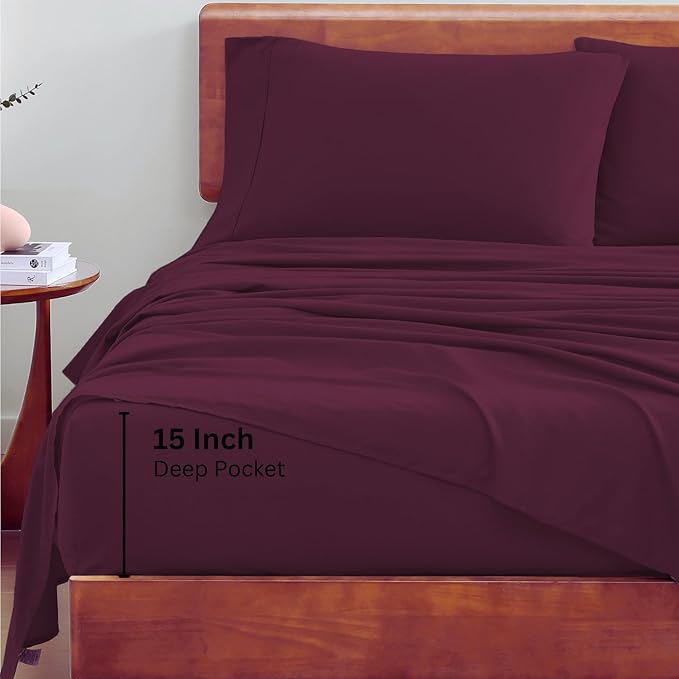 LANE LINEN 100% Organic Cotton Sheets Queen Size, Classic Percale Weave Fully Elasticized Breathable Queen Cotton Sheet Set, Machine Washable Soft & Comfy Queen Sheet Set - Windsor Wine