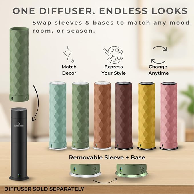 Waterless Essential Oil Hotel Scent Diffuser - Cold Air Diffuser - Covers 1000 sq. ft. - Waterless Diffuser for Home, Office & Hotel (Black + Interchangeable Sleeve) (Black + Gold Sleeve)