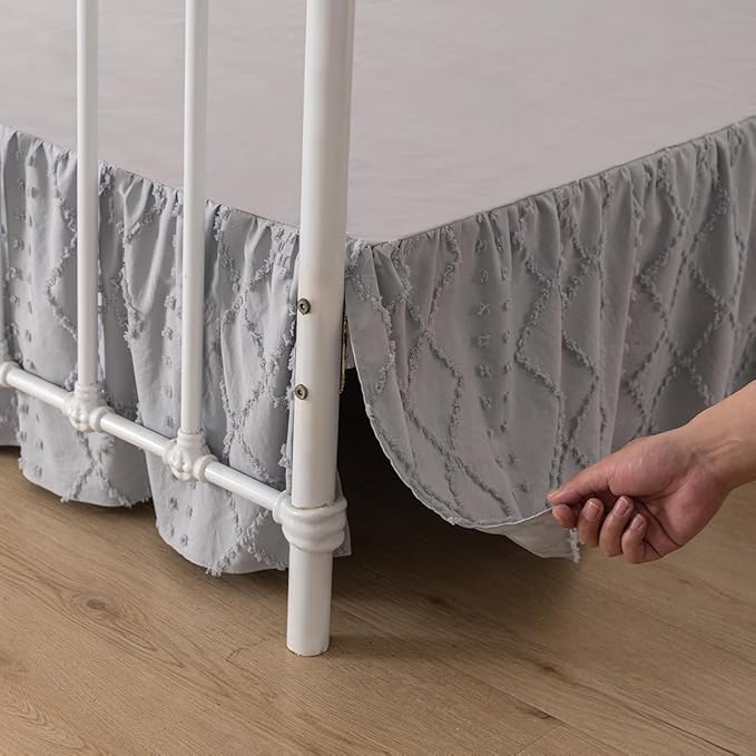 Bed Skirt King Size Ruffled Bed Skirt with Split Corners, 14 Inch Drop Dust Ruffle Bed Skirts with Platform, Boho Tufted Shabby Chic Full Size Bed Skirts, Light Grey