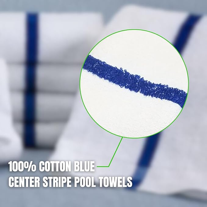 Towels N More 24x48 Soft Poolside Towels - 48 Large Super Absorbent Pool Towel White and Blue Center Stripe - Ideal for Home, Pool, Spa, Gym, Hotel, Motel Rental Room Use - 100% Cotton Bath Towels