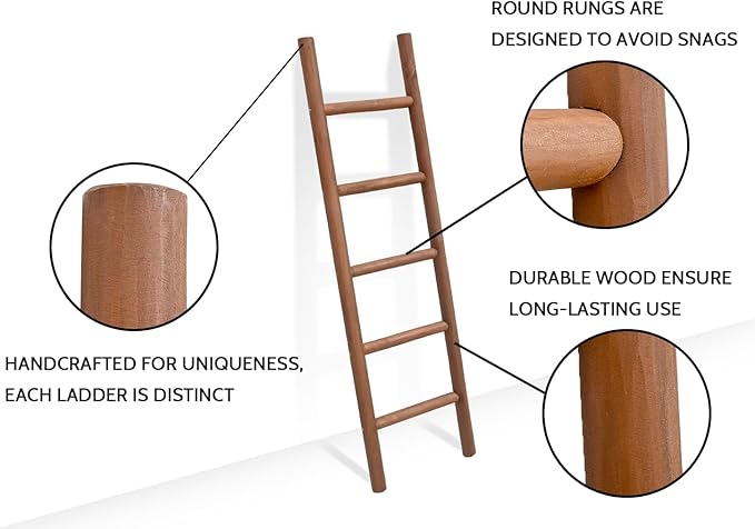 FUIN 57in Wood Blanket Ladder Living Room Decorative Wall Leaning Farmhouse Quilt Display Holder Rustic Wooden Towel Rack for Bathroom, Dark Brown