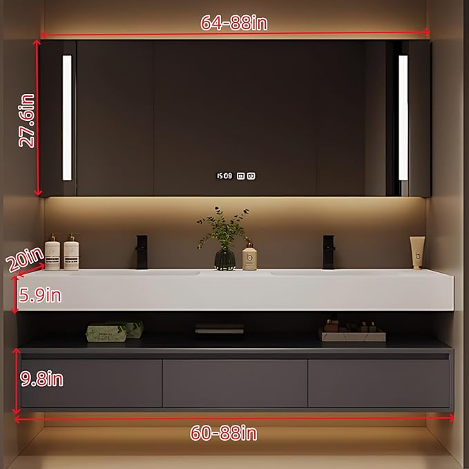 72IN Bathroom Vanity Double Sink - Double Sink Bathroom Vanity Set Include Smart Defogging Bathroom Mirror Cabinet with LED Light Strips, Abundant Storage Space with 3 Drawers (Mirror Cabinet)