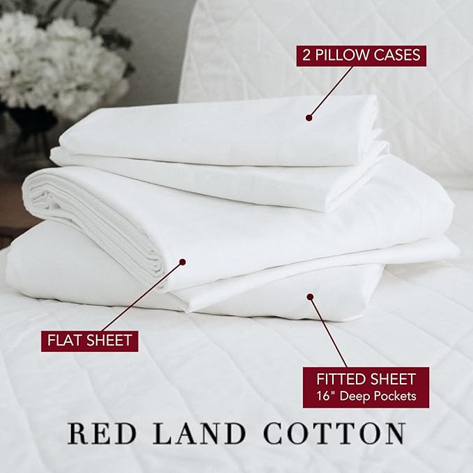 Red Land Cotton Luxury Sheet Set | 100% American Grown Cotton Basics | Premium Hotel Ultra-Soft Lightweight 4 Piece USA Made Deep Pocket Fitted, Flat Sheet, & Pillowcases Percale Weave (Queen/White)