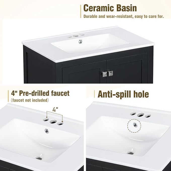 60" Bathroom Vanity Set with Double Vanities, Double Ceramic Sinks, Storage Shelf, Soft Closing Doors, Divided Drawers (Mirror not Included), Large Bathroom Vanity Sink Set (Black)