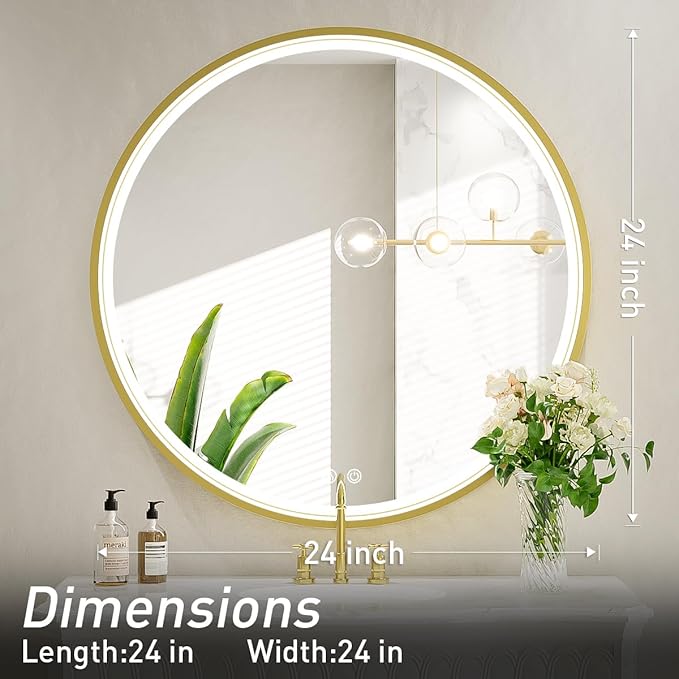 24" Round LED Bathroom Mirror, Dimmable Anti-Fog Vanity Mirror with Touch Control, 6000K Natural Light, Gold Metal Frame, Wall Mounted for Makeup Shaving (IP54, 90+ CRI)