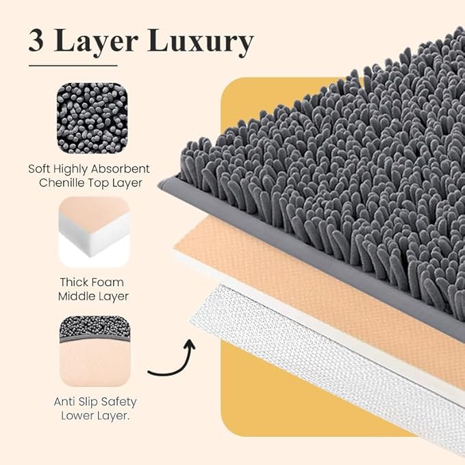 MAYSHINE Plush Shaggy Chenille Bath Mat | Extra Soft, Super Absorbent, Non-Slip Bathroom Rug | Fluffy Microfiber, Area Rug Sets for Bathroom Floor, Kitchen, Living Room | 24"x17" | Dark Blue