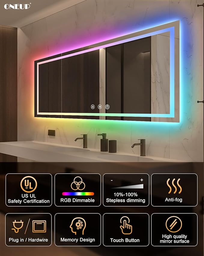 oneup 60x30 Inch Smart LED Bathroom Mirror,RGB Color Changing Bathroom Mirror with Lights,Anti-Fog Wall-Mounted Vanity Mirrors,Dimmable Multicolor Lighted,IP54 Waterproof