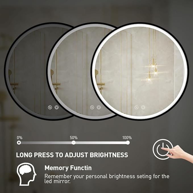 36" Round LED Bathroom Mirror, Dimmable Anti-Fog Vanity Mirror with Touch Control, 6000K Natural Light, Black Metal Frame, Wall Mounted for Makeup Shaving (IP54, 90+ CRI)