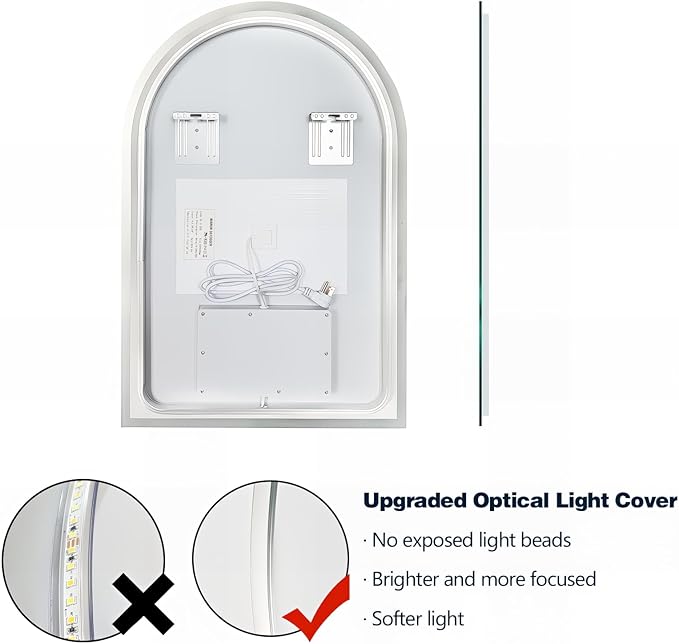 Niccy Arched LED Bathroom Mirror, 33x20 Arch Wall Mounted Frameless Bathroom Mirror for Vanity, Smart Lighted Frontlit Mirrors with Memory Function for Bathroom Bedroom Beauty Hair Salon
