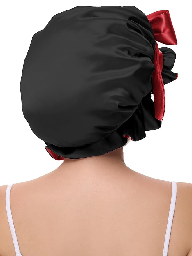 Hair Bonnet for Sleeping, Satin Silk Shower Cap Women 2025 with Tie Band and Adjustable Straps Head Wrap for Curly Hair Black F