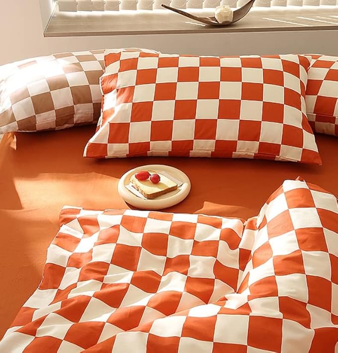 KAREVER Orange White Grid Comforter Set Full Burnt Orange Plaid Bedding Set Girls Reddish White Checkered Bed Blanket Set Kids Breathable Durable Bedding Comforter Set