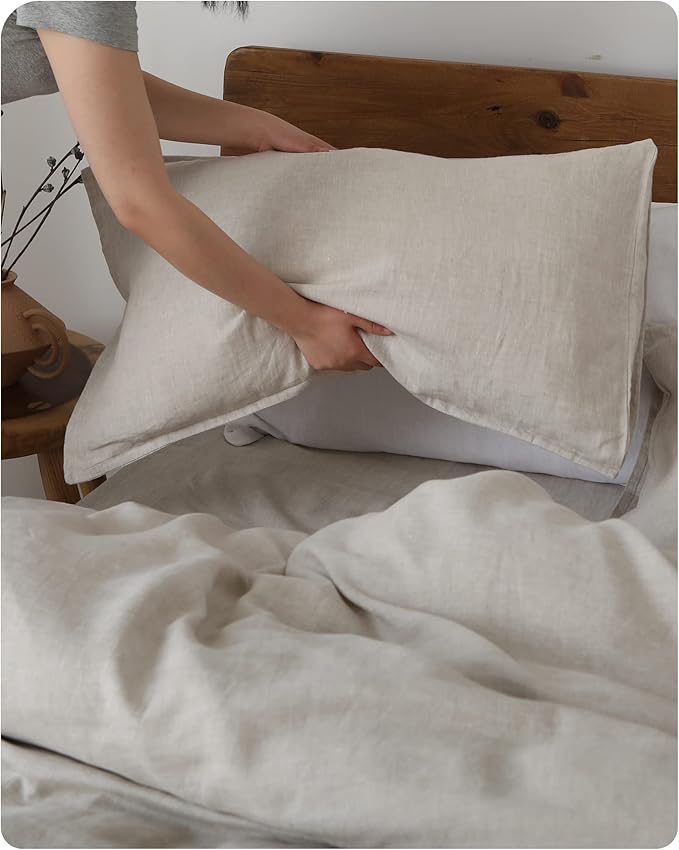 XZ XIFA Linen Pillowcases Queen - Pack of 2-100% Natural Washed French Flax, Breathable, Durable, Textured Envelope Pillowcases - Linen, 20'' x 30''