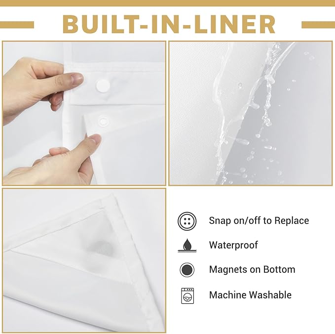 Small No Hooks Luxury Shower Curtain Set with Snap-in Liner, Polyester Textured with See-Through Top Window, Waterproof & Washable Hotel Style for Bathroom, 54W x 80H, Cream