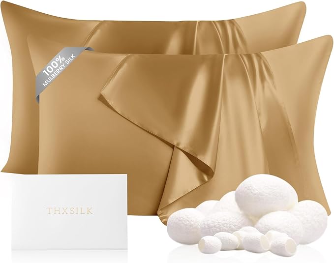 THXSILK Set of 2 100% Pure Mulberry Silk Pillowcases for Hair and Skin, 22 Momme Zipper Silk Pillow Case Standard Size, Real Silk Pillowcases with Zipper (Metallic Gold, King 20"x36")