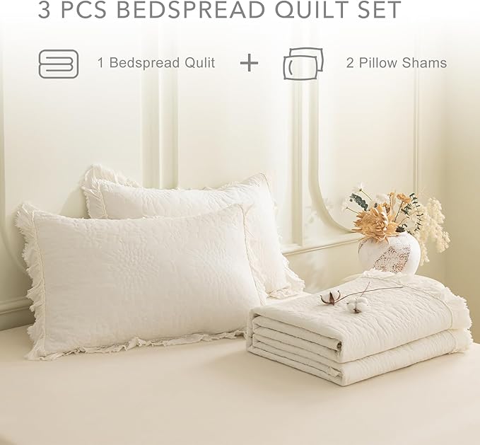 QSH 3PCs Stonewashed Cotton Quilt King (110"x98"),Milk White Ruffled Quilt King Size Bedding Set,Ultra Lightweight Soft Crinkle Bedspread Coverlet King Shabby Farmhouse Chic Bedspreads for All Seasons