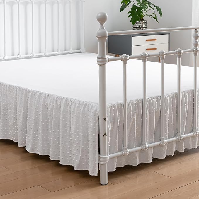 Tufted Dot Bed Skirt King Size Ruffled Bed Skirt with Split Corners, 14 Inch Drop Dust Ruffle Bed Skirts with Platform, White
