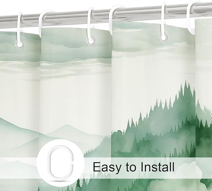 Green Extra Long Misty Pine Forest Shower Curtain 72 x 84, XL Mountain Foggy Woodland Scenery Tree Shower Curtains for Bathroom, Abstract Waterproof Nature-Themed Decor
