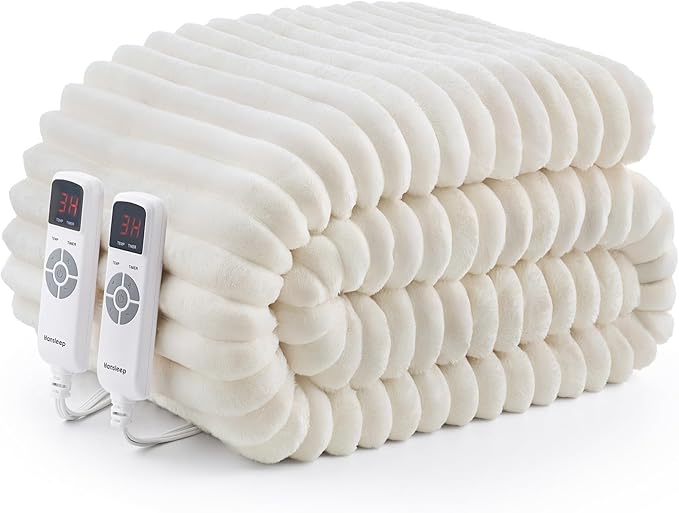 Hansleep Heated Blanket Queen Size Electrci Throw Dual Control, Heating Blanket with 9 Heating Levels and 10-Hour Timer Auto Shut Off, Washable Soft Warm Winter Blanket, 80 x 90 Inches, Beige