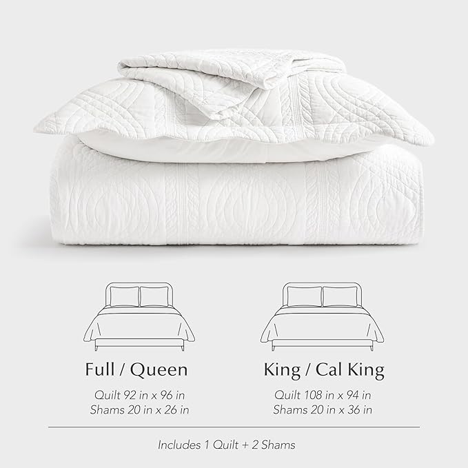 EVERGRACE 100% Cotton Scallop Quilt Set, King Size 3 Piece Set – Lightweight Bedspread with 2 Shams, Soft Prewashed Matelasse Coverlet for Cozy and Elegant Bedding, Bright White
