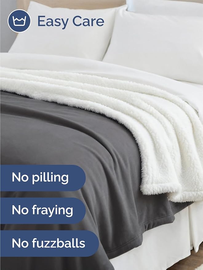 Sherpa Fleece Blanket Queen Size - Reversible Sherpa Fleece Queen Blanket - Super Soft Double Sided for Bed, Sofa, Couch - Thick, Warm, and Plush - Luxurious Bedding for Winter - Dark Grey, 90" x 90"