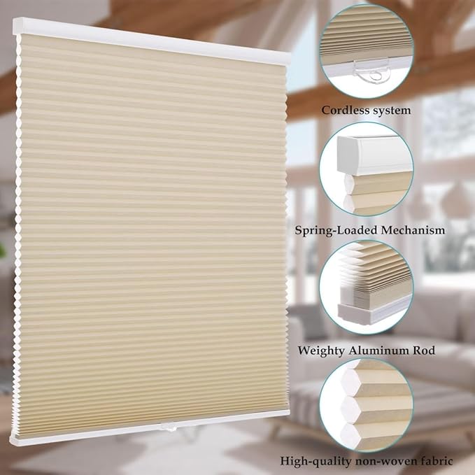 MYshade 1.5-Inch Cellular Cordless Light Filtering Shades,Thermal Insulating Noise Reducing Waterproof Blinds,Honeycomb Window Treatments for Indoor Light Control (Beige-35 W x 72" H)