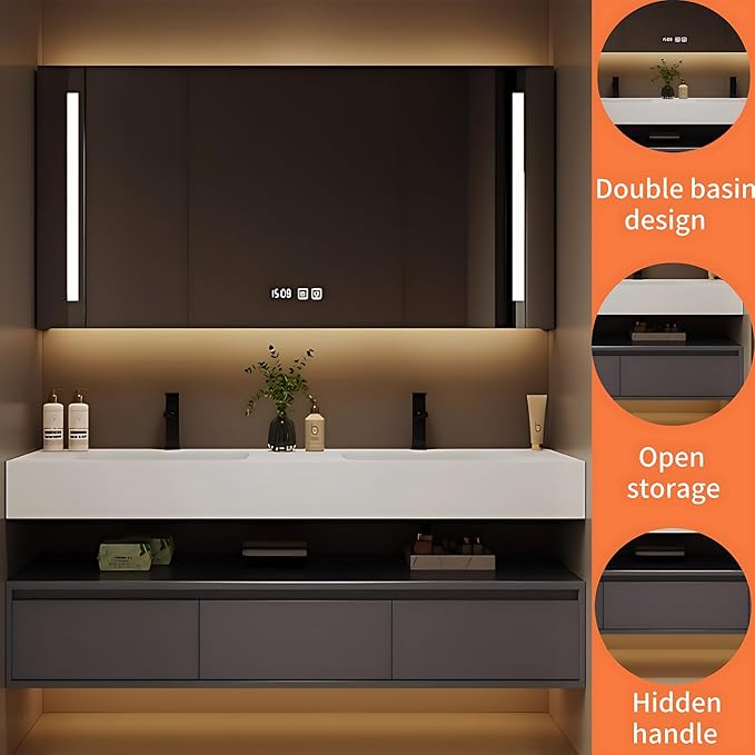 64IN Bathroom Vanity Double Sink - Double Sink Bathroom Vanity Set Include Smart Defogging Bathroom Mirror Cabinet with LED Light Strips, Abundant Storage Space with 3 Drawers (Mirror Cabinet)