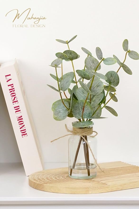 Artificial Eucalyptus Stems in Glass Vase with Faux Water,3Pcs Fake Plant with Double-Sided Green Leaves for Centerpiece(Double-Sided Green Eucalyptus)