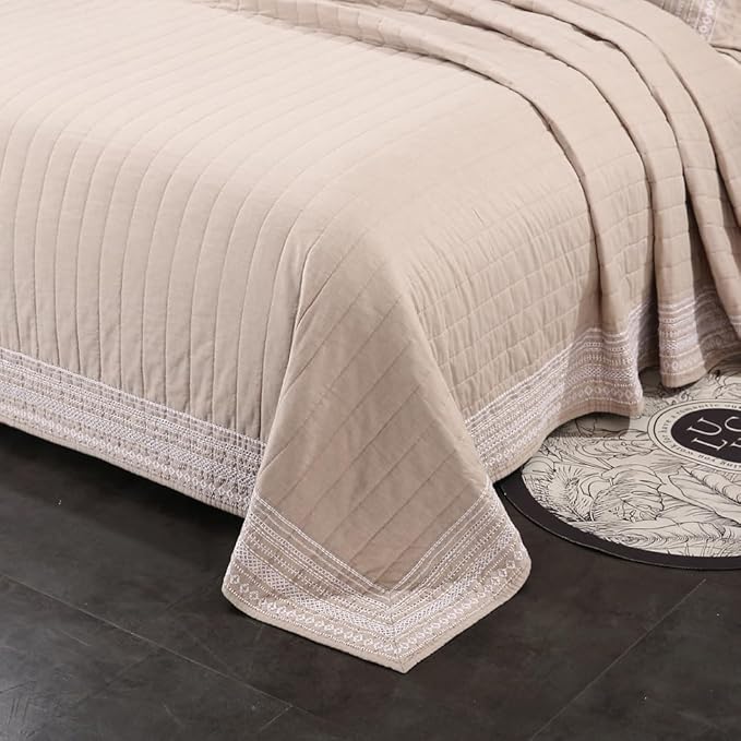 Quilt Set Floral Leaves 3D Embroidery Pattern 2 PCS Cotton Reversible Quilted Embroidered Decorative Bedspreads Coverlet Set, Lightweight &Soft Queen Size Beige Bedding Coverlet for All Season