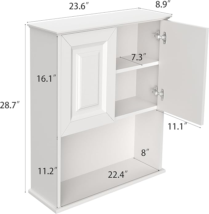 Bathroom Wall Cabinet Wooden with 2 Doors,Over the Toilet Storage Cabinet,Bathroom and Laundry Wall Mount Storage Medicine Cabinet with Open and Adjustable Shelf,Easy Assembly (Style B-1 PC, White)