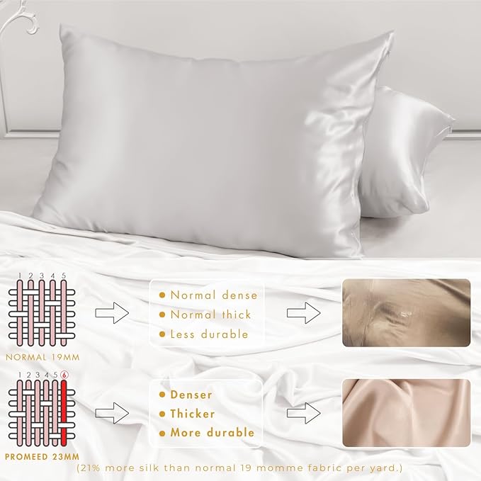PROMEED 23 Momme Silk Pillowcase 2 Pack with Zipper, 3rd Gen Grade 6A+ 100% Mulberry Silk Pillow Case Set of 2, Cooling Pillow Cases for Hot Sleepers (King 20"x36", Light Grey)