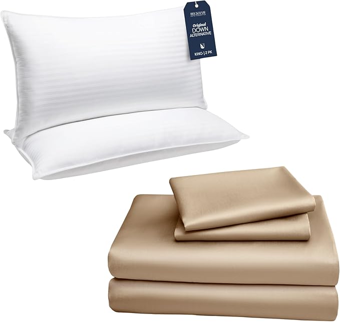 Beckham Hotel Collection Down Alternative Pillows & Cotton Sheets 4 Piece Set, 16" Deep Pocket, 2 Open End Pillowcases, King, Sand