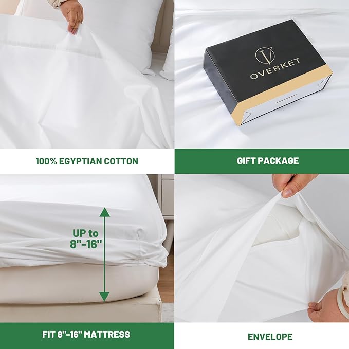 100% Egyptian Cotton Sheets Cal King Sheet Set 1000 Thread Count Sateen Weave Soft Breathable 16-Inch Deep Pocket 4PCS（California King,White）