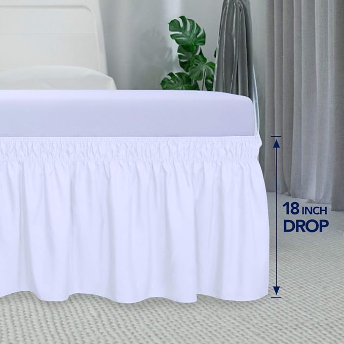PureFit Wrap Around Ruffled Bed Skirt with Adjustable Elastic Belt - 18 Inch Drop Easy to Put On, Wrinkle Free Bedskirt Dust Ruffles, Bed Frame Cover for Twin,Twin XL and Full Size Beds, White