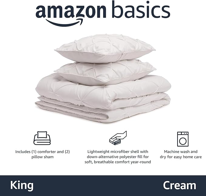 Amazon Basics Warm, Soft King Size All-Season Down-Alternative 3-Piece Comforter Bedding Set, Pinch Pleat With Piped Edges Design, Cream