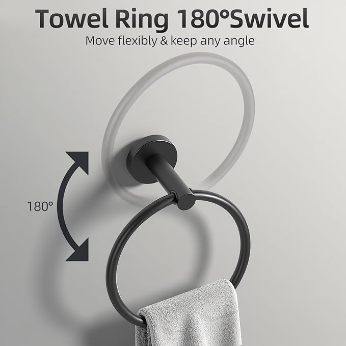 Matte Black Bathroom Hardware Set, Bathroom Towel Holder Bar Set 5 Pieces, SUS304 Stainless Steel Bathroom Towel Rack Set Wall Mounted-16 Inch Towel Bar, Toilet Paper Holder, Towel Hooks, Towel Ring